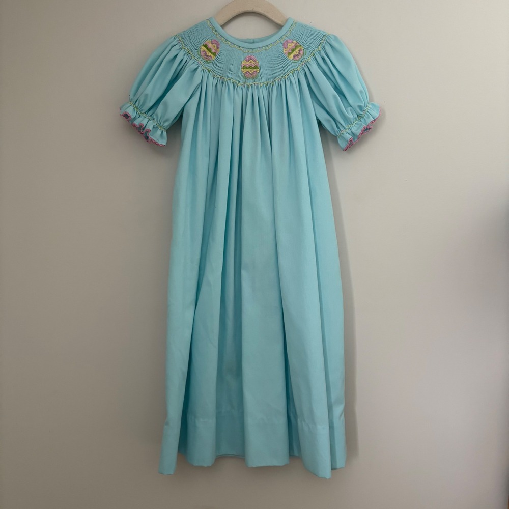 Le' Za Me Toddler Girl 4T Light Blue Hand Smocked Easter Egg Dress Spring Preppy